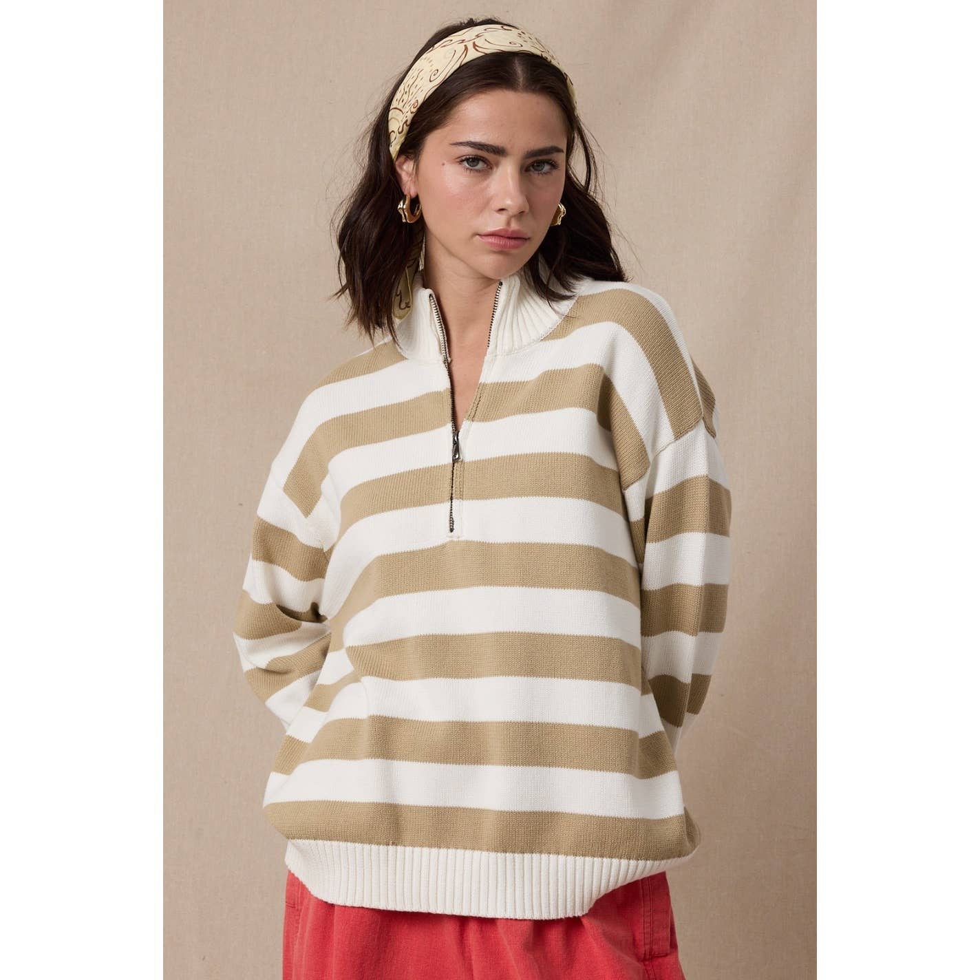 Striped Half-Zip Sweater / Taupe/White