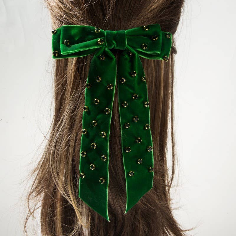 Pretty Rhinestone Stud Bow Ribbon Hair Clips | Green