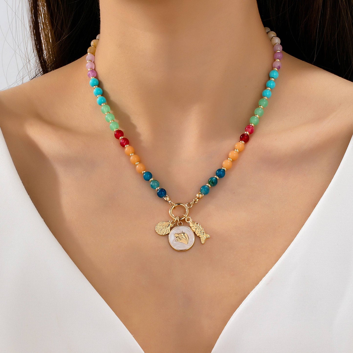 Rainbow Beaded Nautical Charm Necklace | Gold