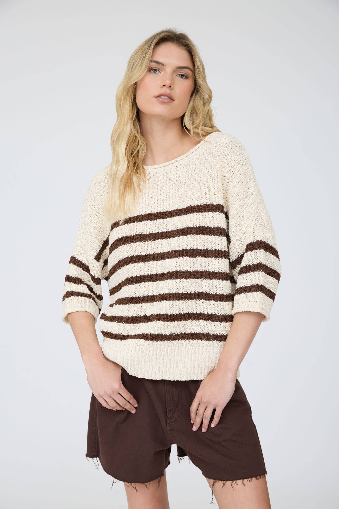 Stripe Textured Knit Half Sleeve Knit Sweater: Chocolate Brown