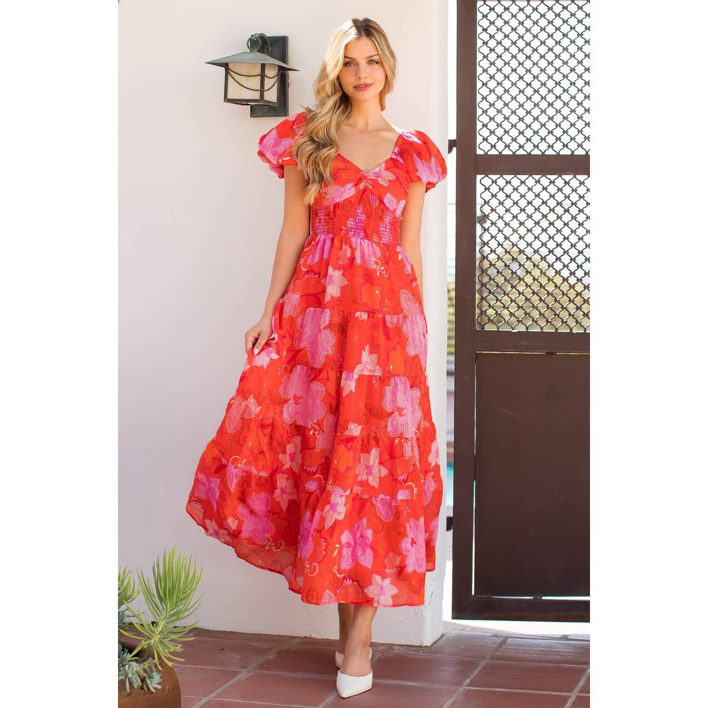 Smocked Puff Sleeve Floral Dress: Orange