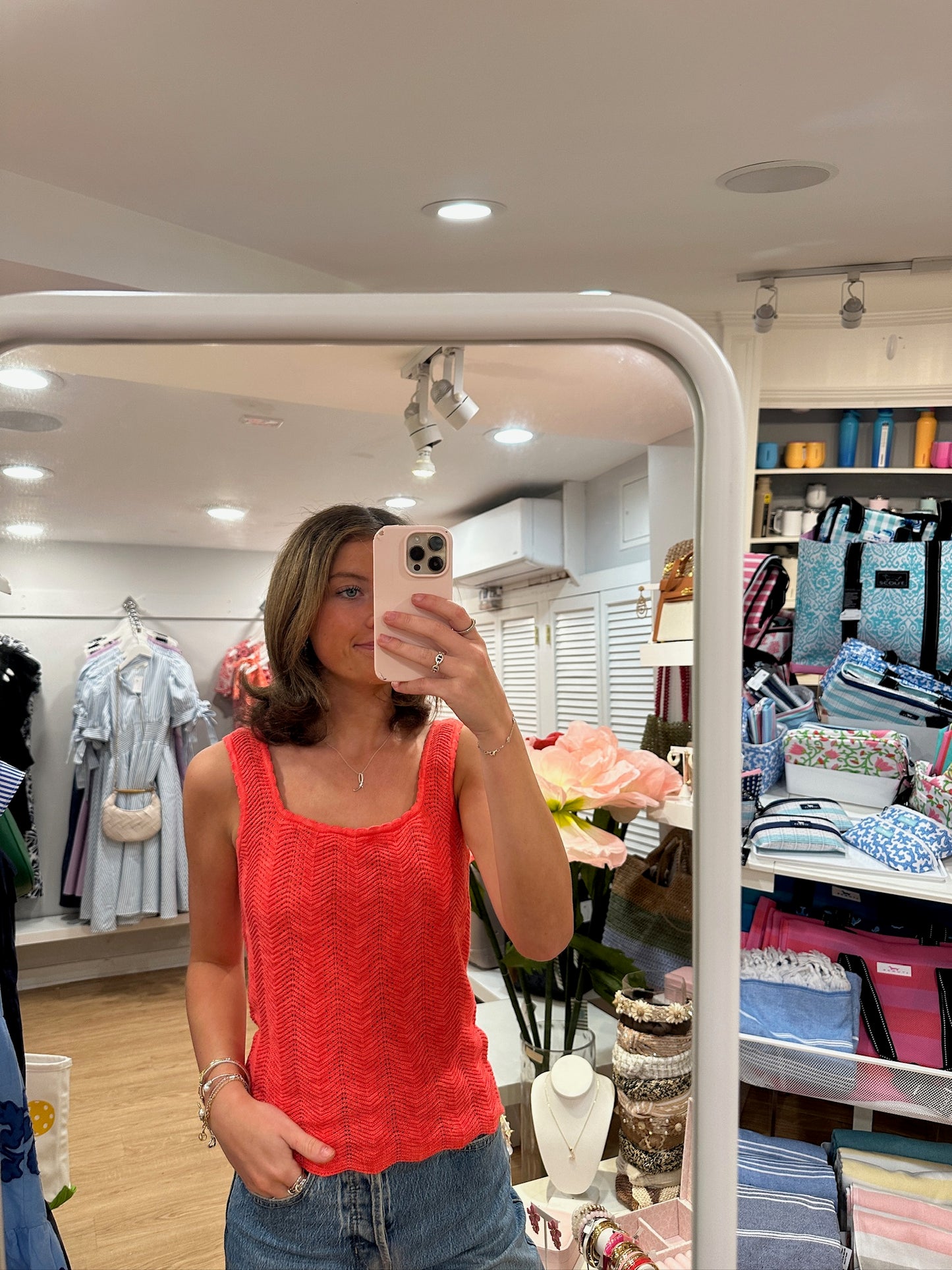 Pointelle Knit Tank Top in Coral