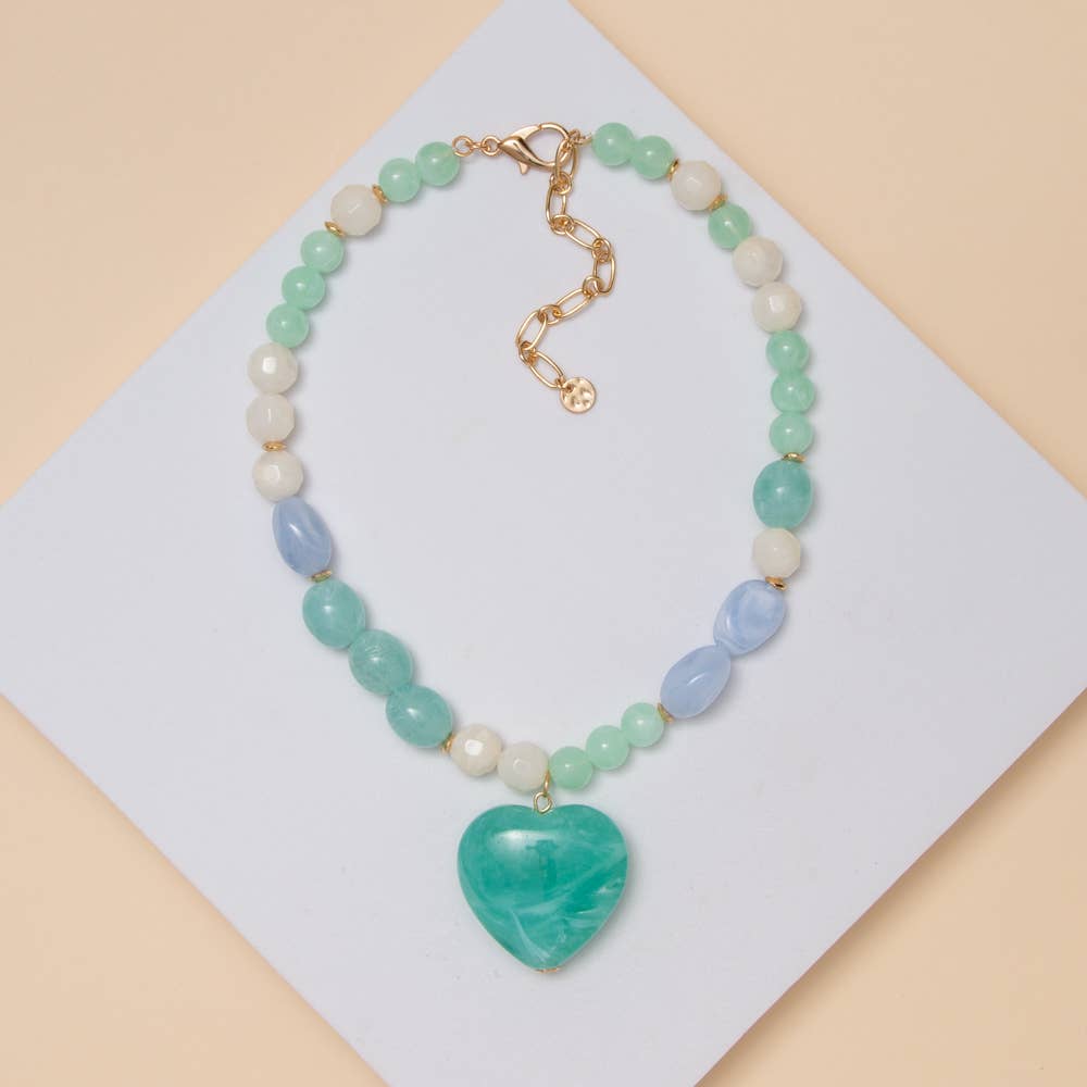 Marble Heart Pendant Pastel Bead Necklace: Mint