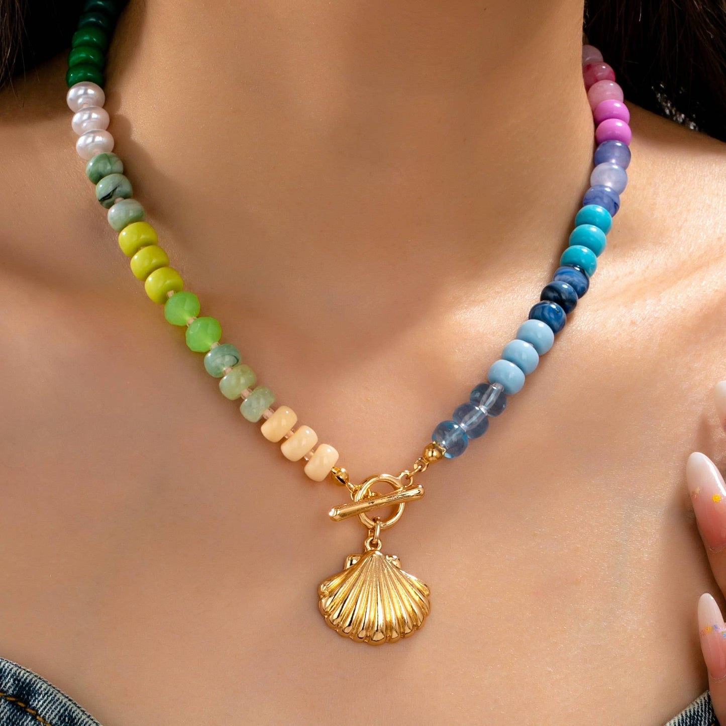 Rainbow Beaded Seashell Charm Necklace | Gold
