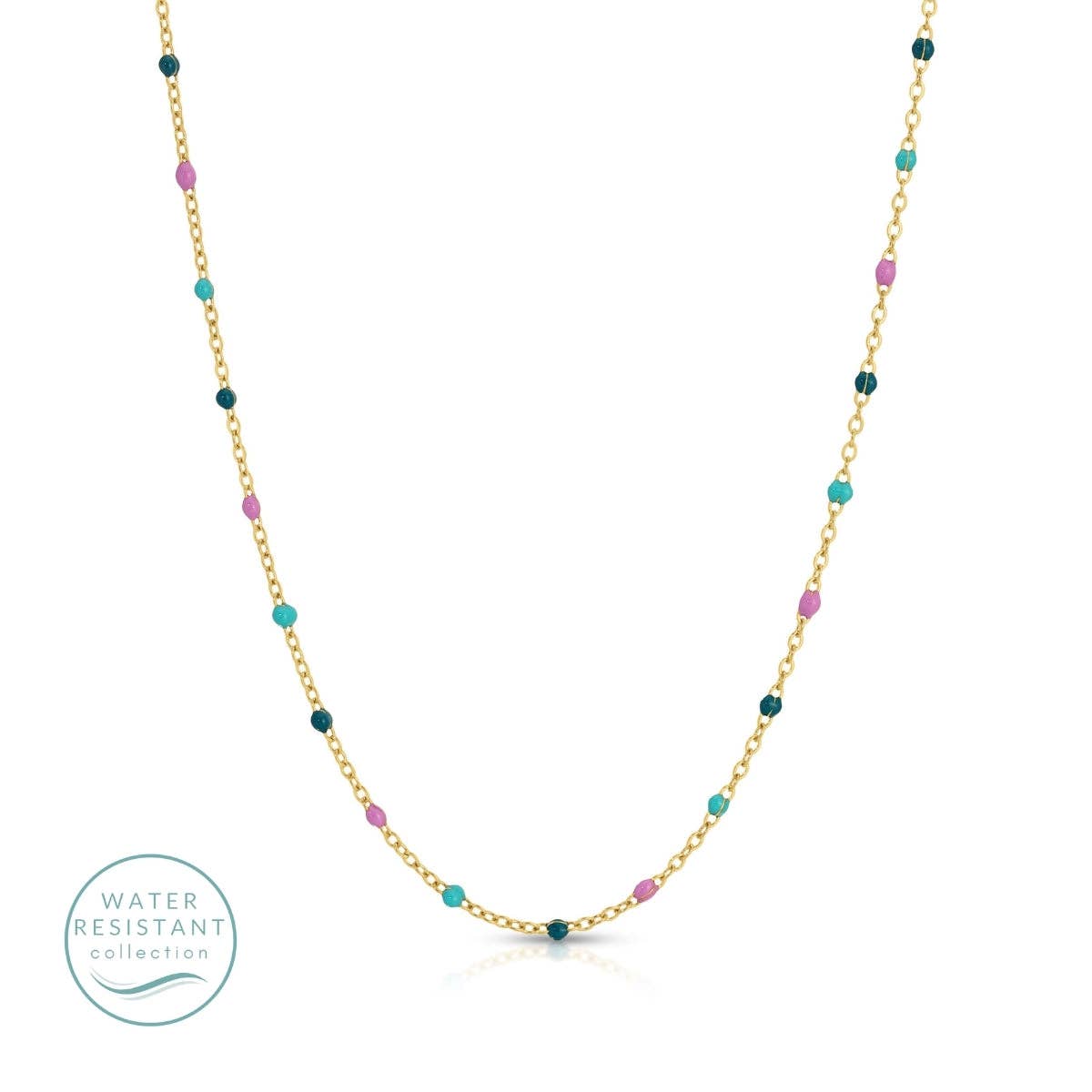 Sweetly Colored Delicate Chain Necklace, Water Resistant: Aqua/Blue/Lavender