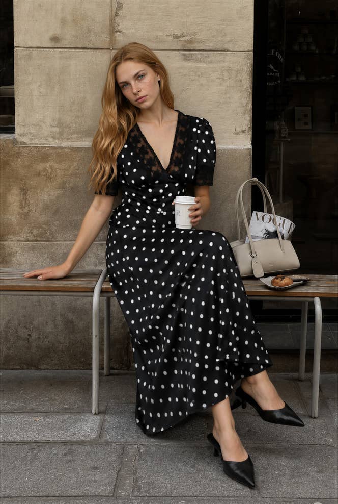 Polka Dot Lace Trim V Neck Button Down MIDI Dress: Black