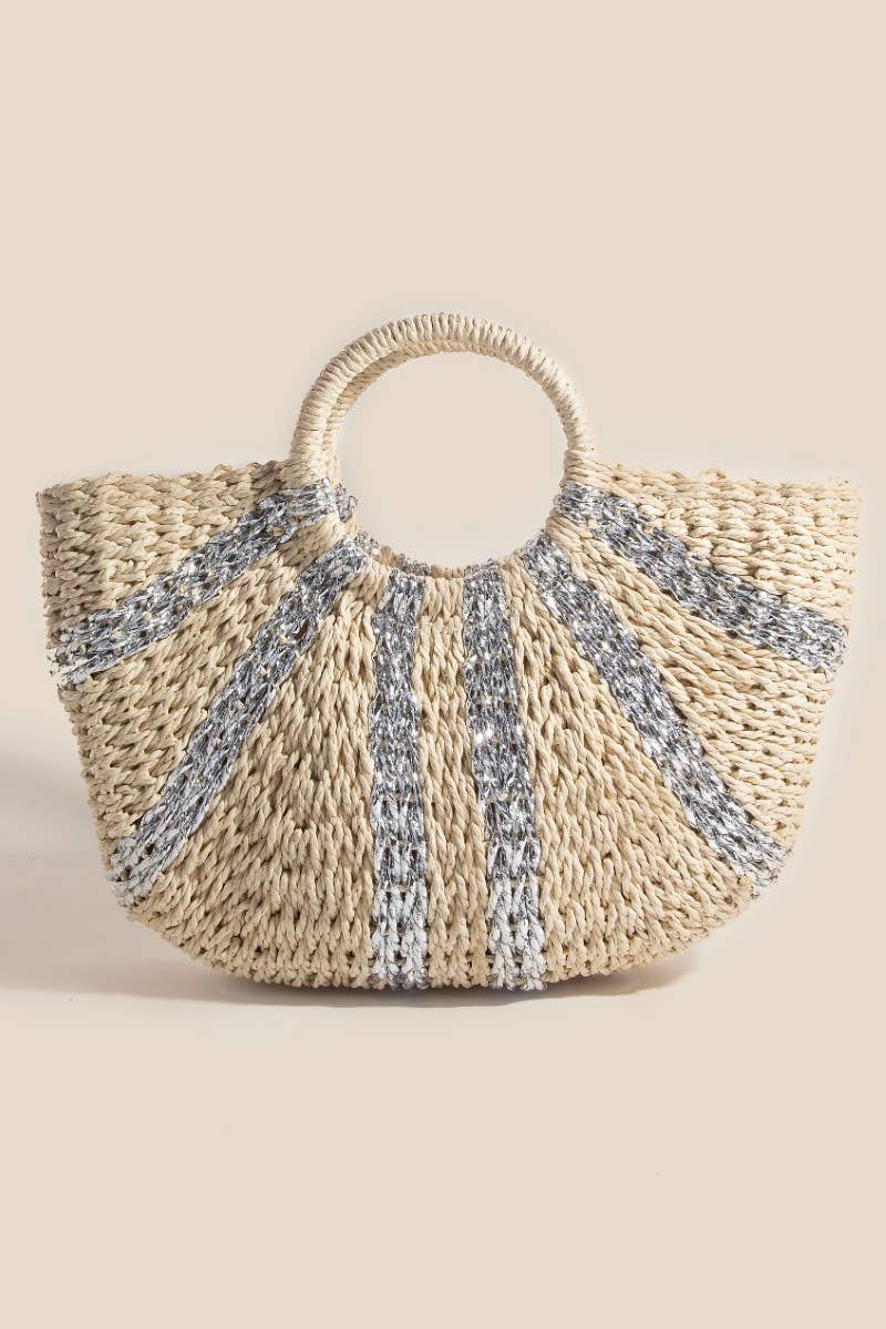 Metallic Stripes Round Braided Straw Hand Bag: BEI