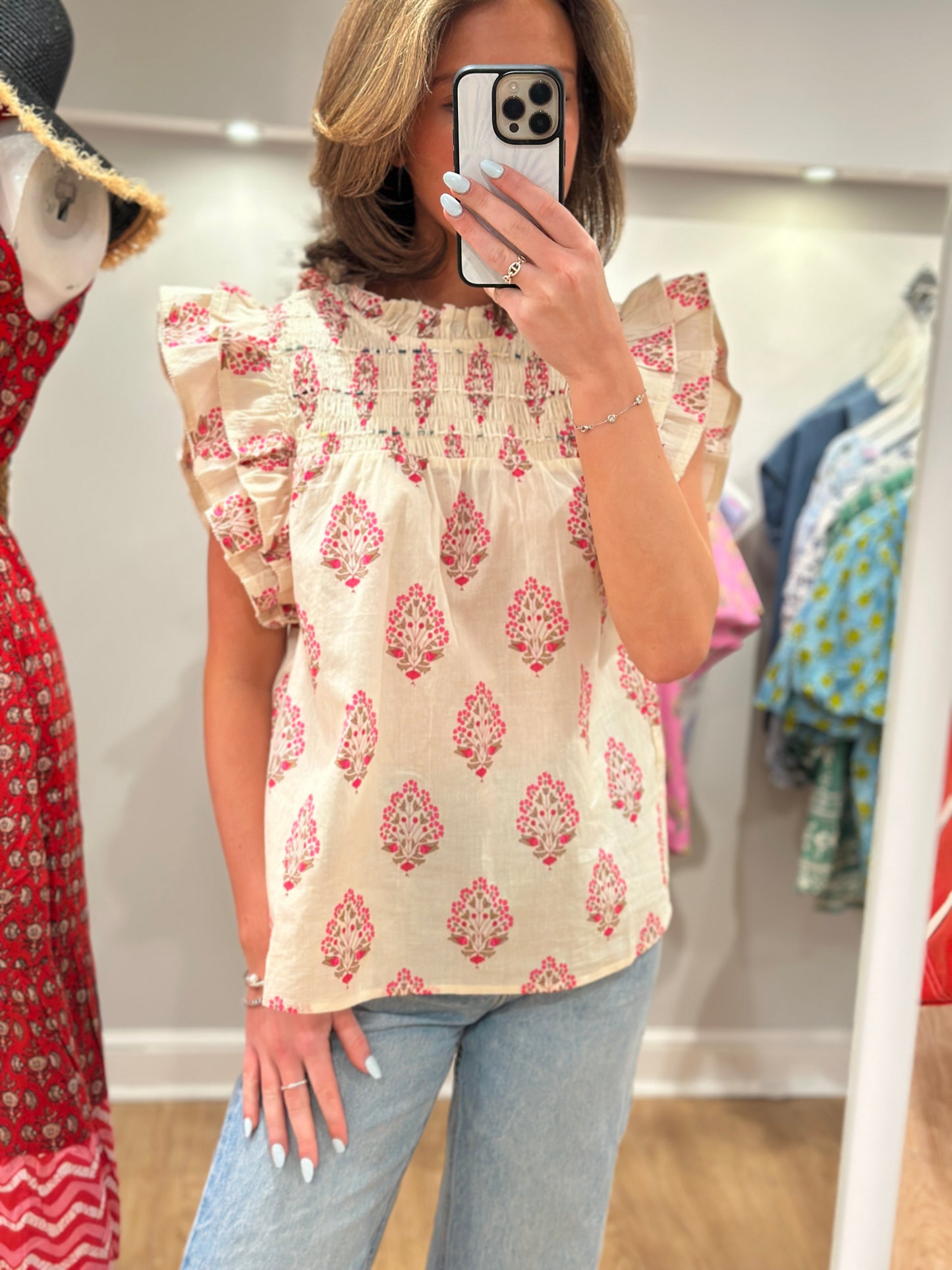 Flutter Sleeve Flower Top in White