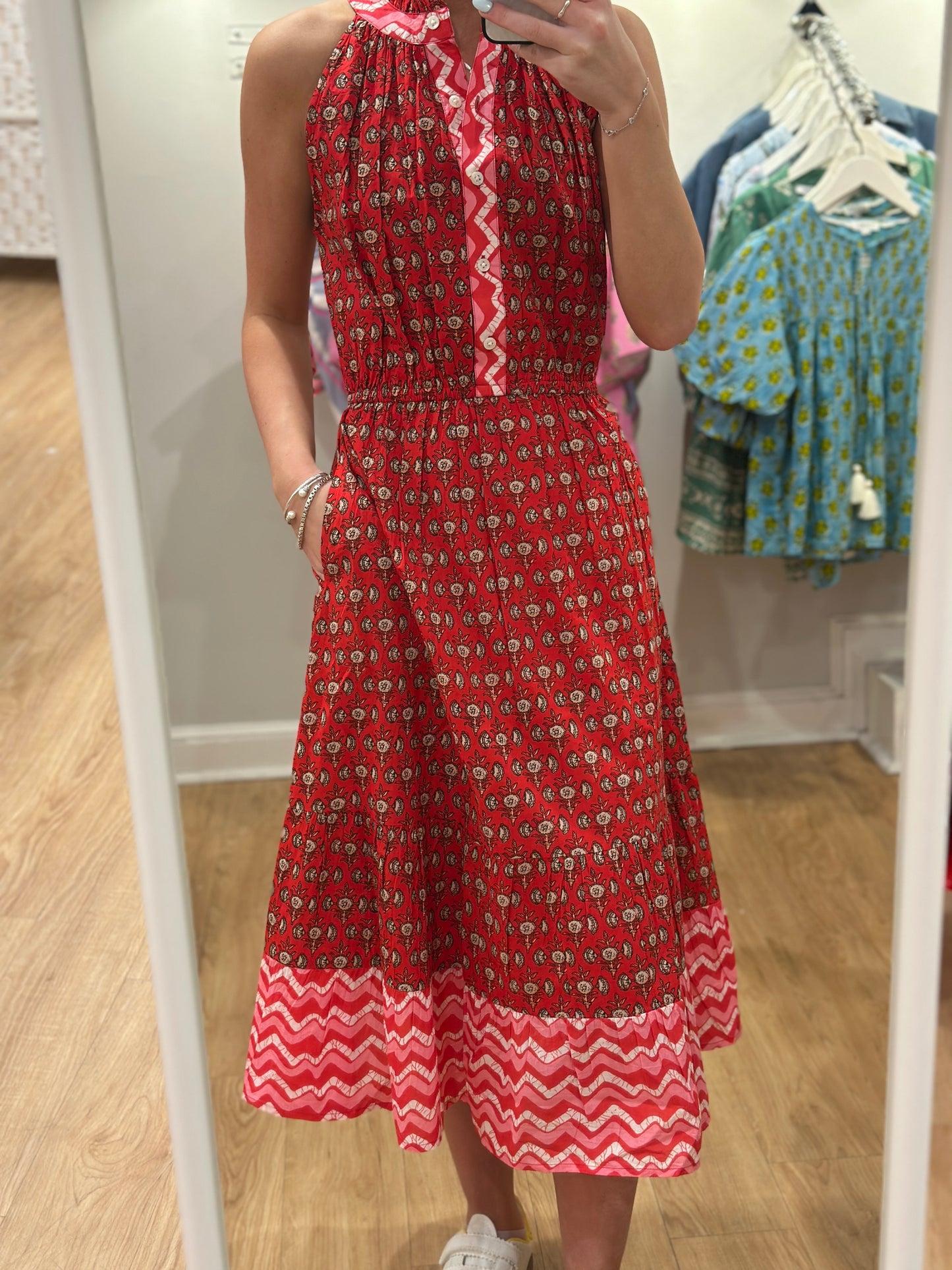 Halter Button Up Print Maxi Dress in Red
