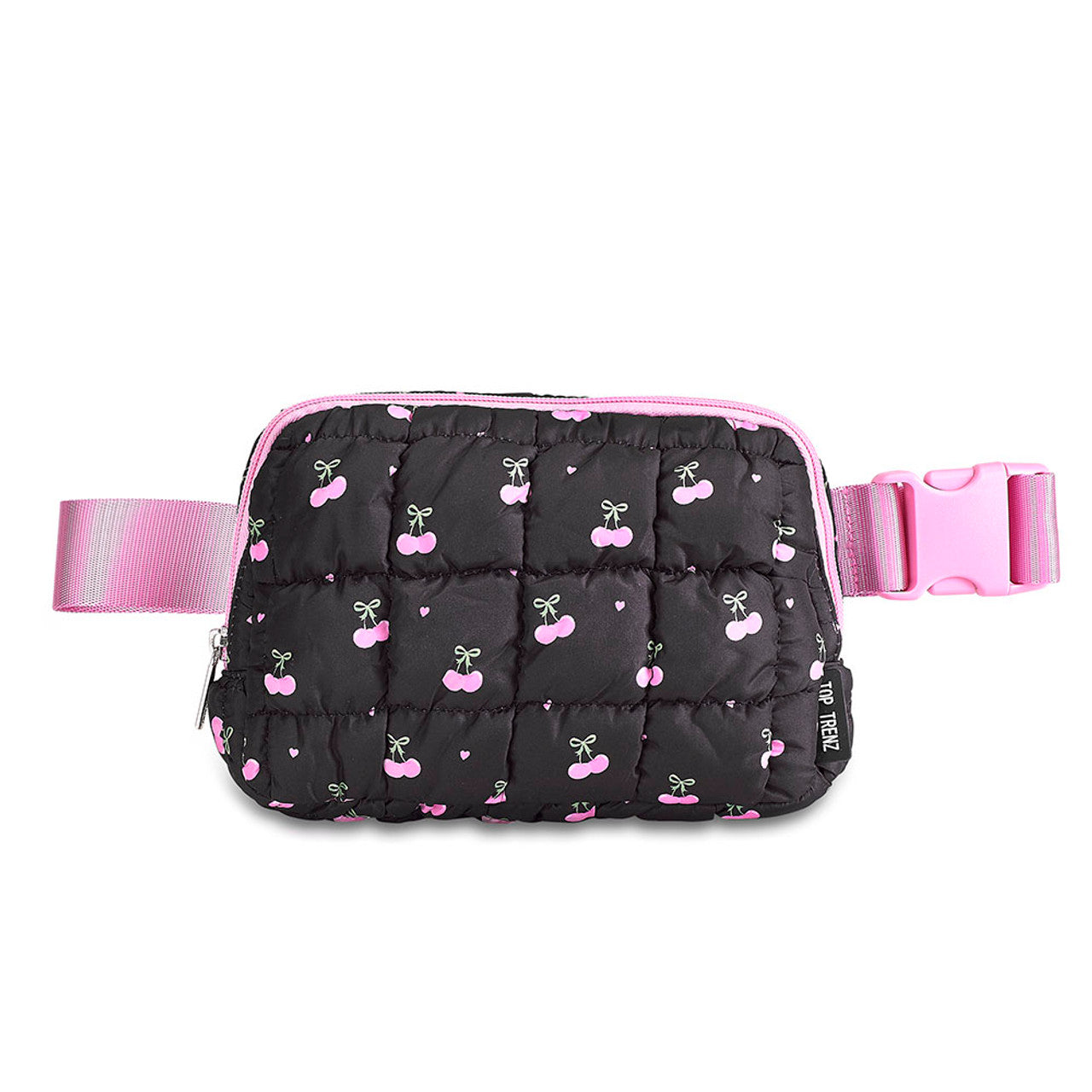 Black Scrunchie Puffer Belt Bag with Cherry Pattern