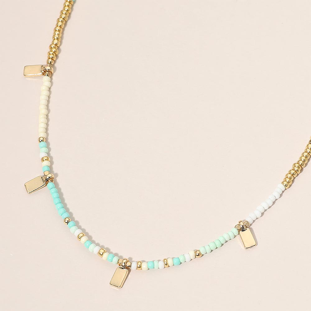 Rectangular Charm Beaded Choker Necklace in Gold & Turquoise