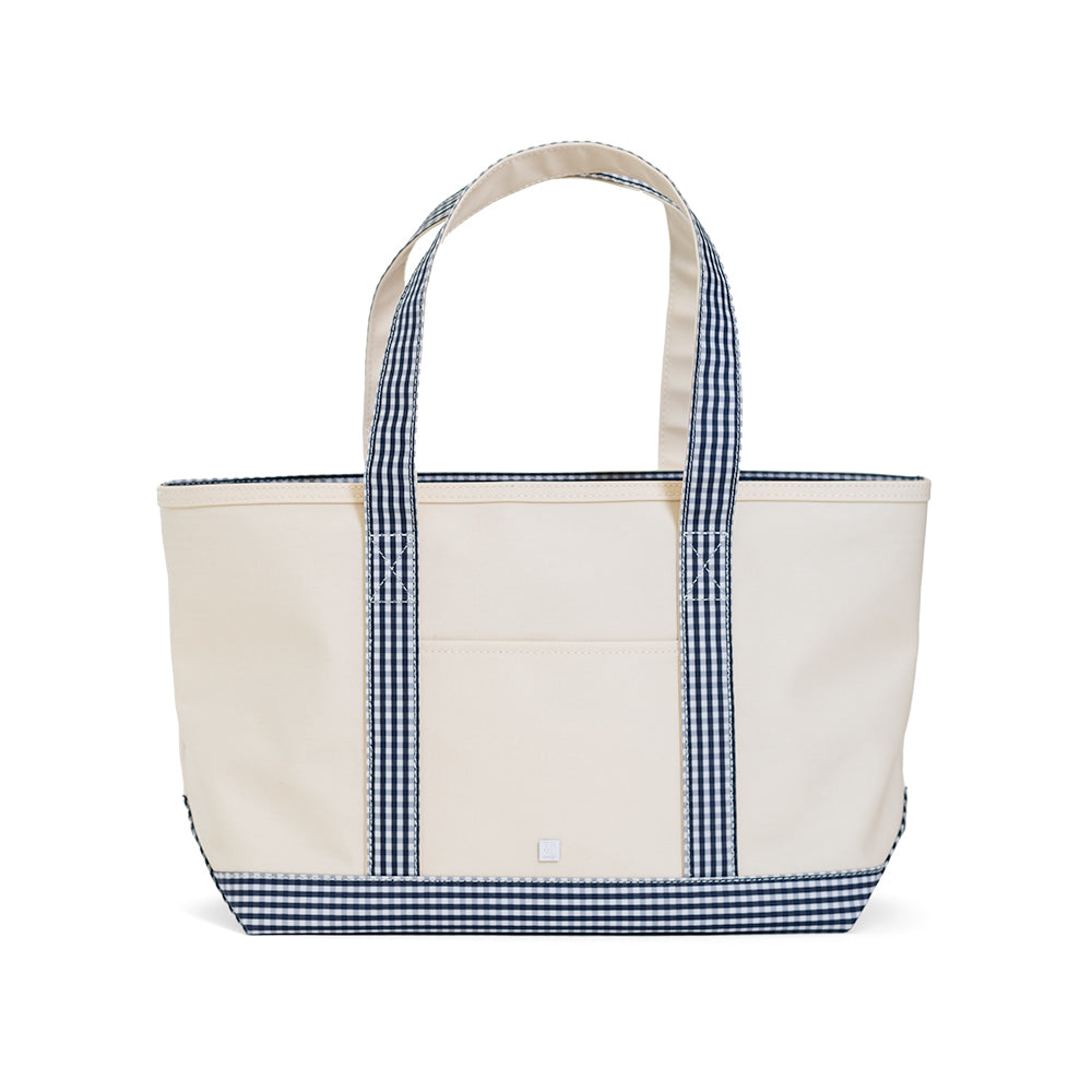 MEDIUM TOTE - COATED CANVAS NATURAL with GINGHAM NAVY TRIM