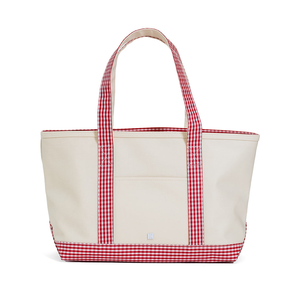 Medium Tote - Coated Canvas Natural With Gingham Red Trim