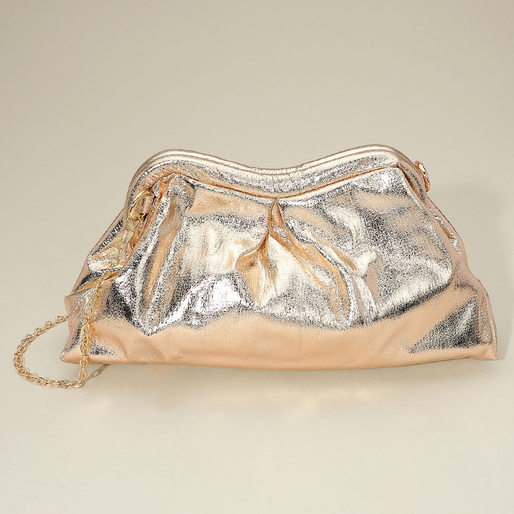 Metallic Pleated Frame Clutch Evening Bag / Crossbody Bag
