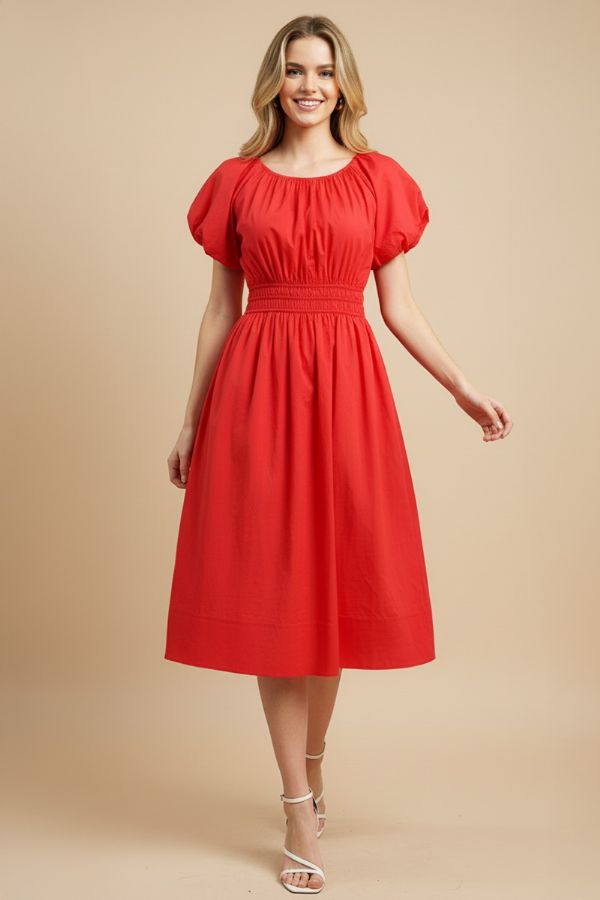 Puffed Sleeve Poplin MIDI Dress in Tomato