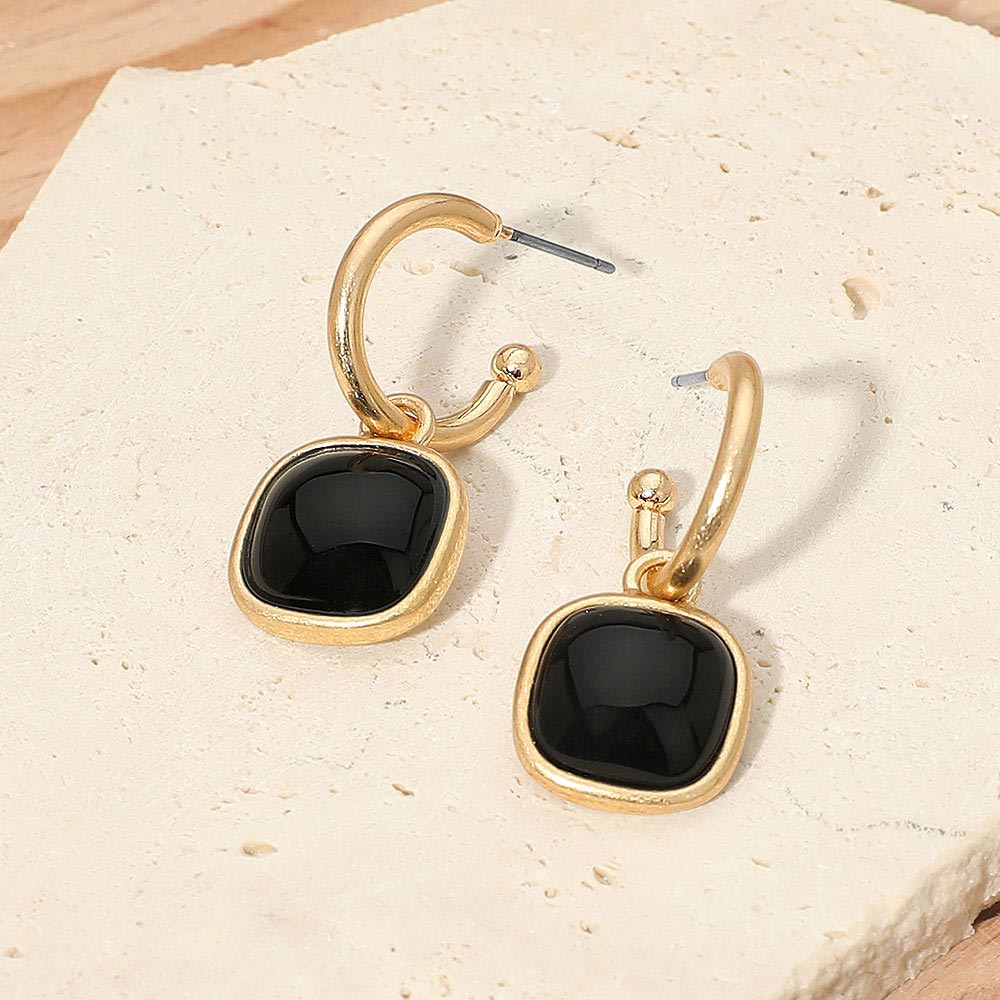 Square Stone Drop Hoop Earrings in Black & Worn Gold