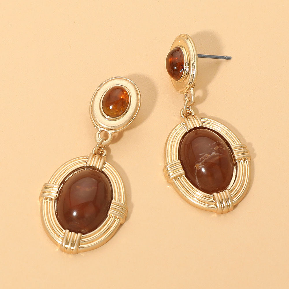 Vintage Oval Stone Frame Drop Statement Earrings