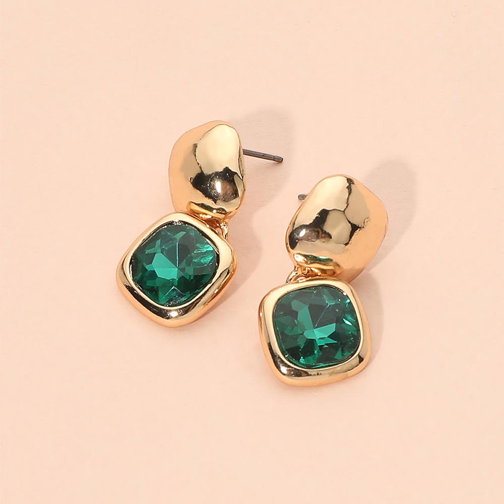 Geometric Square Stone Drop Earrings in Emerald & Gold