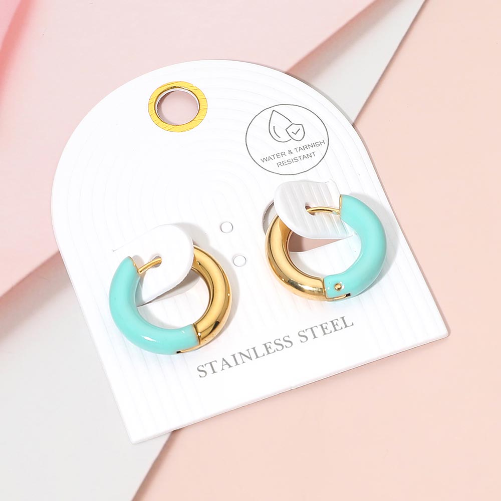 Stainless Steel Two Tone Chunky Huggie Hoop Earrings in Mint