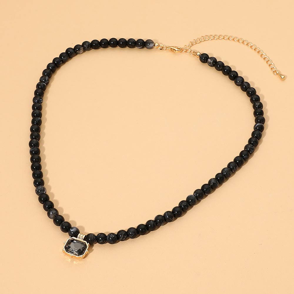 Faceted Rectangular Pendant Accent Round Beaded Necklace in Black Diamond & Gold