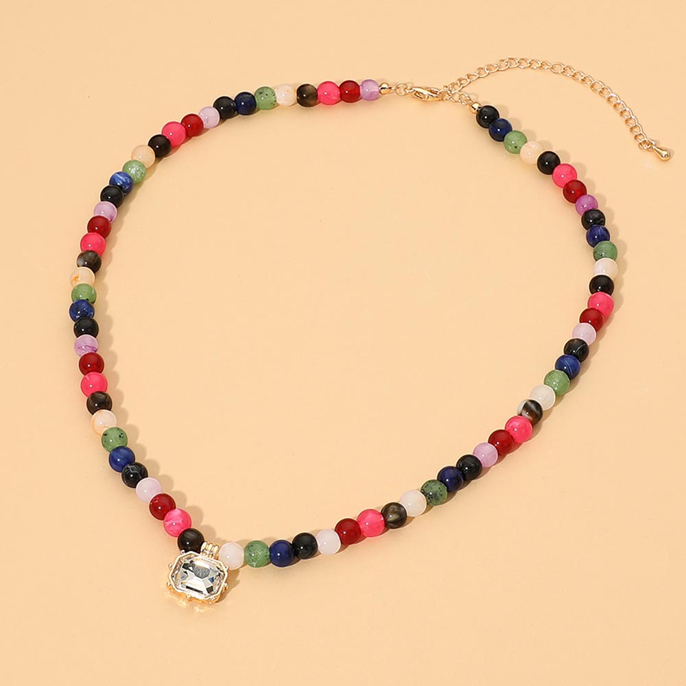 Faceted Rectangular Pendant Accent Round Beaded Necklace in Gold & Multi