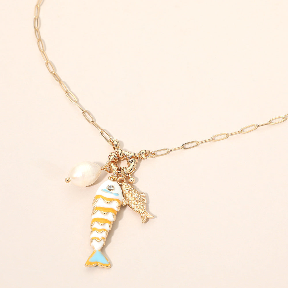 Pearl Fish Charm Pendant Necklace