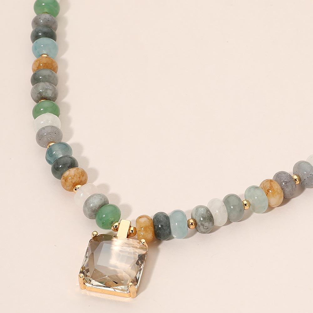 Square Gem Pendant Accent Beaded Statement Necklace