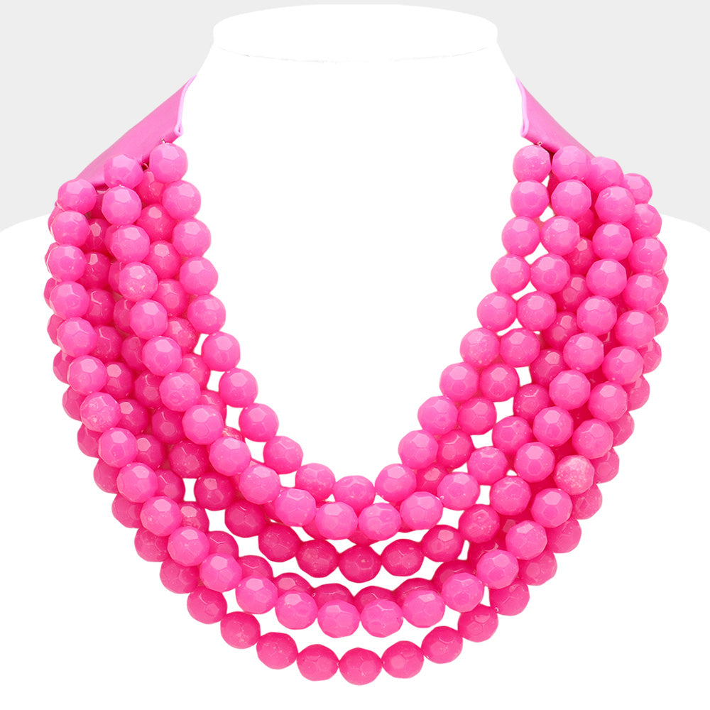 Chunky Acrylic Ball Beaded Multi Layered Faux Leather Magnetic Necklace in Fuchsia