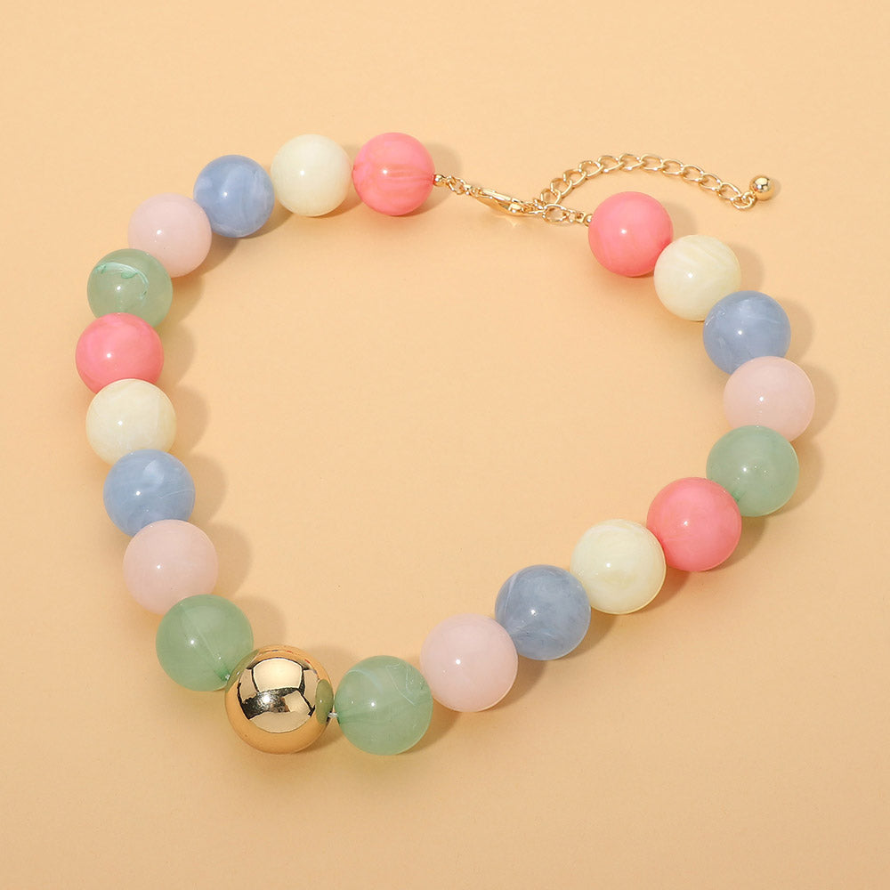 Chunky Resin Ball Beaded Necklace in Gold Light & Multi