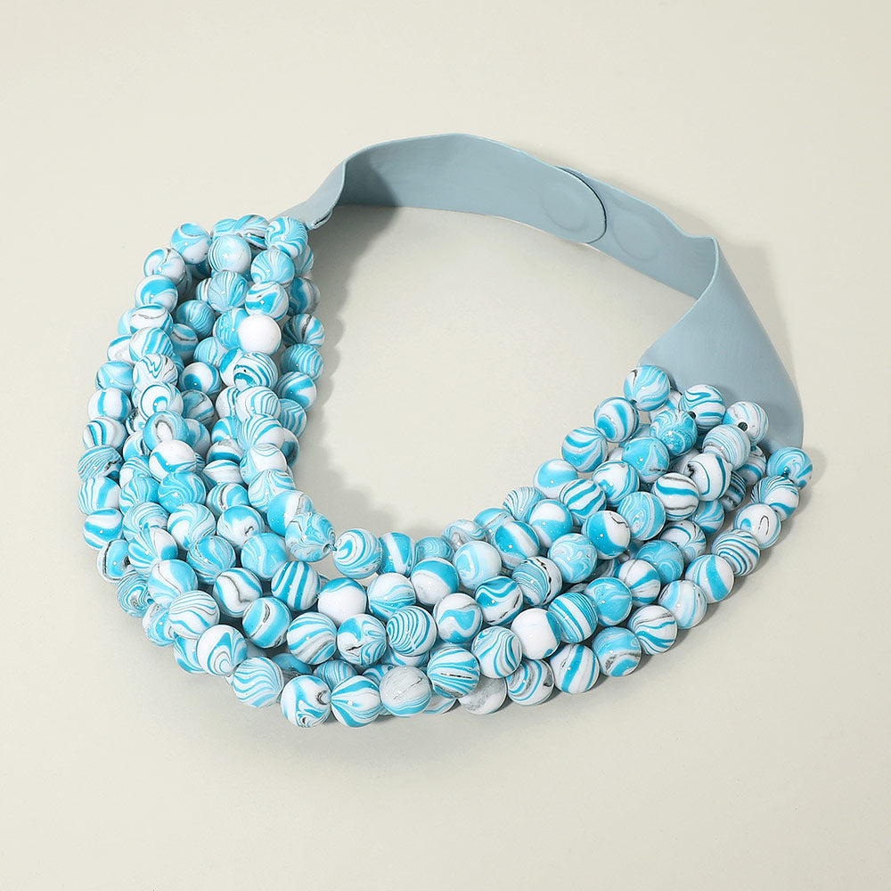 Multi Layered Beaded Faux Leather Magnetic Collar Necklace in Blue