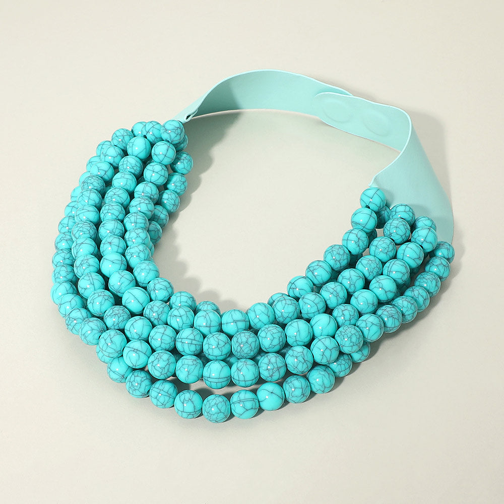 Multi Layered Beaded Faux Leather Magnetic Collar Necklace in Dark & Turquoise