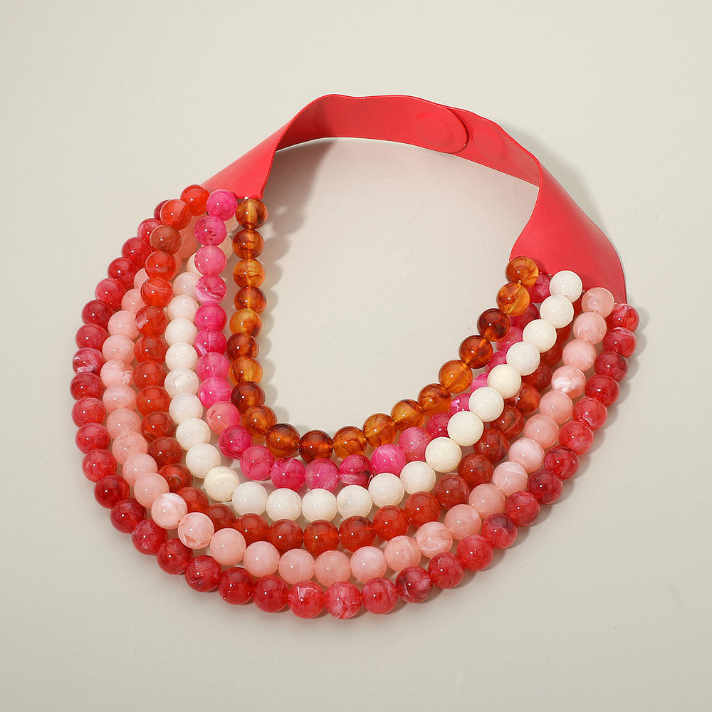 Multi Strand Marbled Ball Beaded Faux Leather Magnetic Necklace in Multi & Red