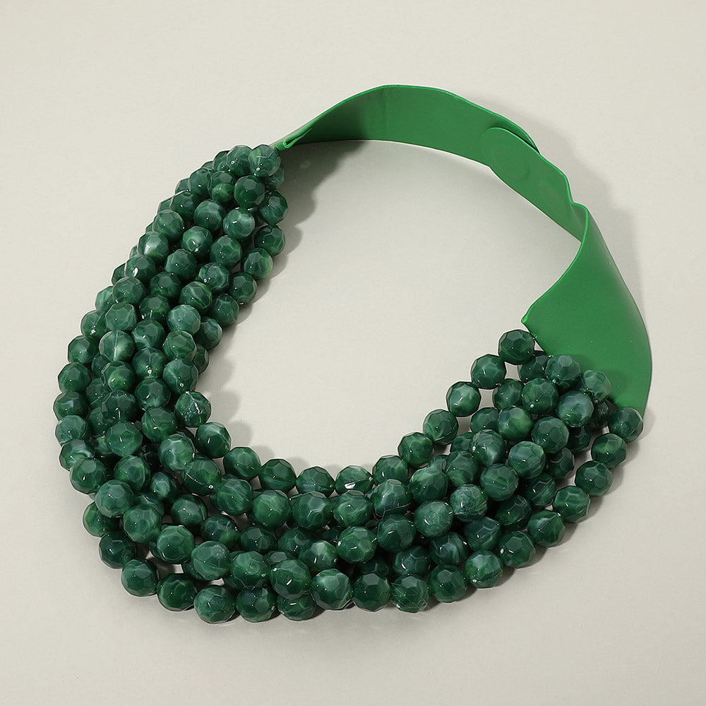 Multi Strand Faceted Ball Beaded Faux Leather Magnetic Statement Necklace in Green
