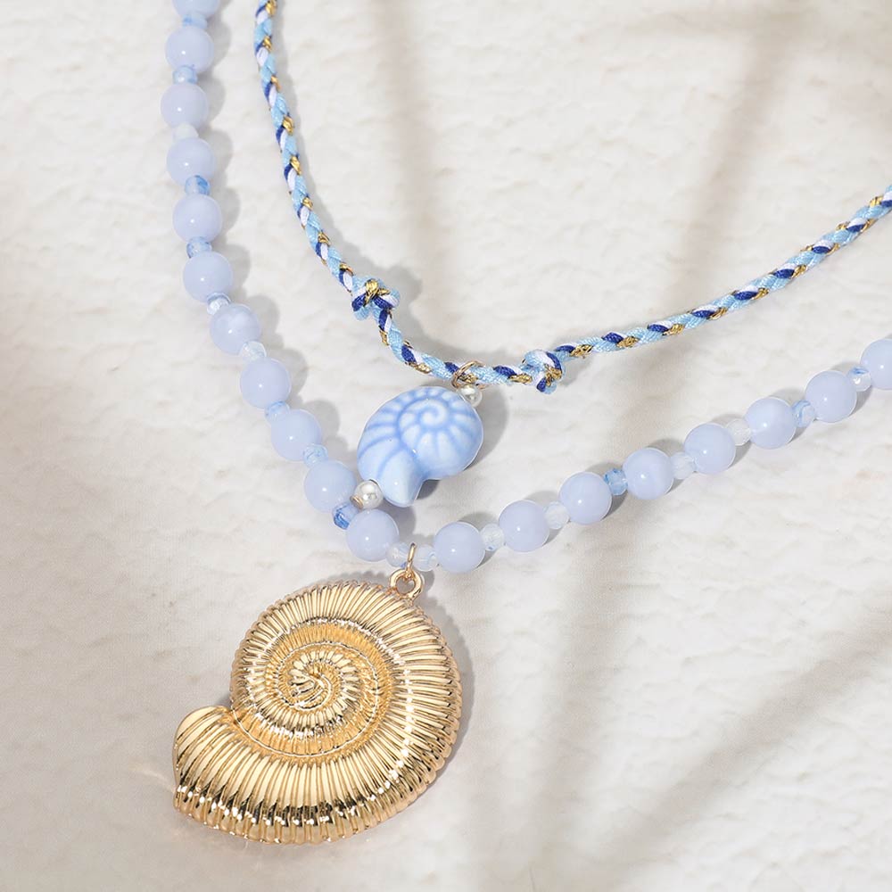 Ceramic Fish Textured Metal Spiral Shell Pendant Accent Beaded Layered Statement Necklace