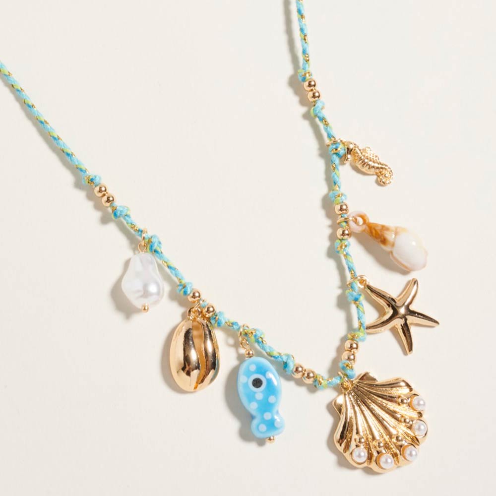 Pearl Seashell Starfish Seahorse Charm Station Fabric Chain Twisted Necklace in Gold & Turquoise