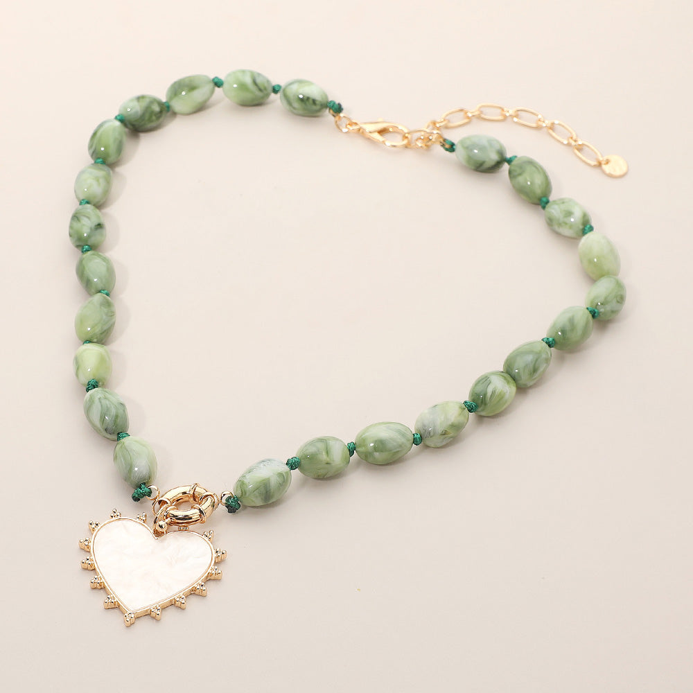 Mother of Pearl Heart Pendant Marbled Resin Oval Beaded Necklace