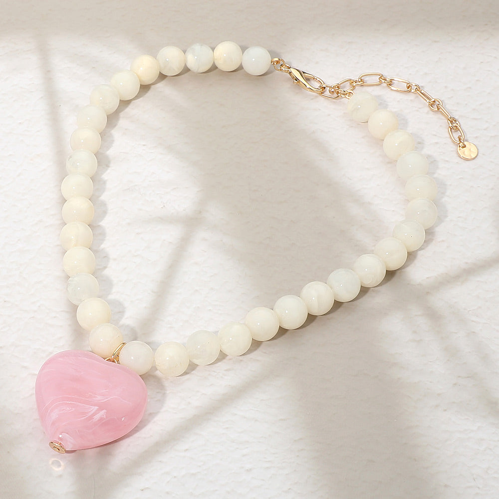 Chunky Marbled Resin Heart Charm Beaded Necklace Ivory & Pink