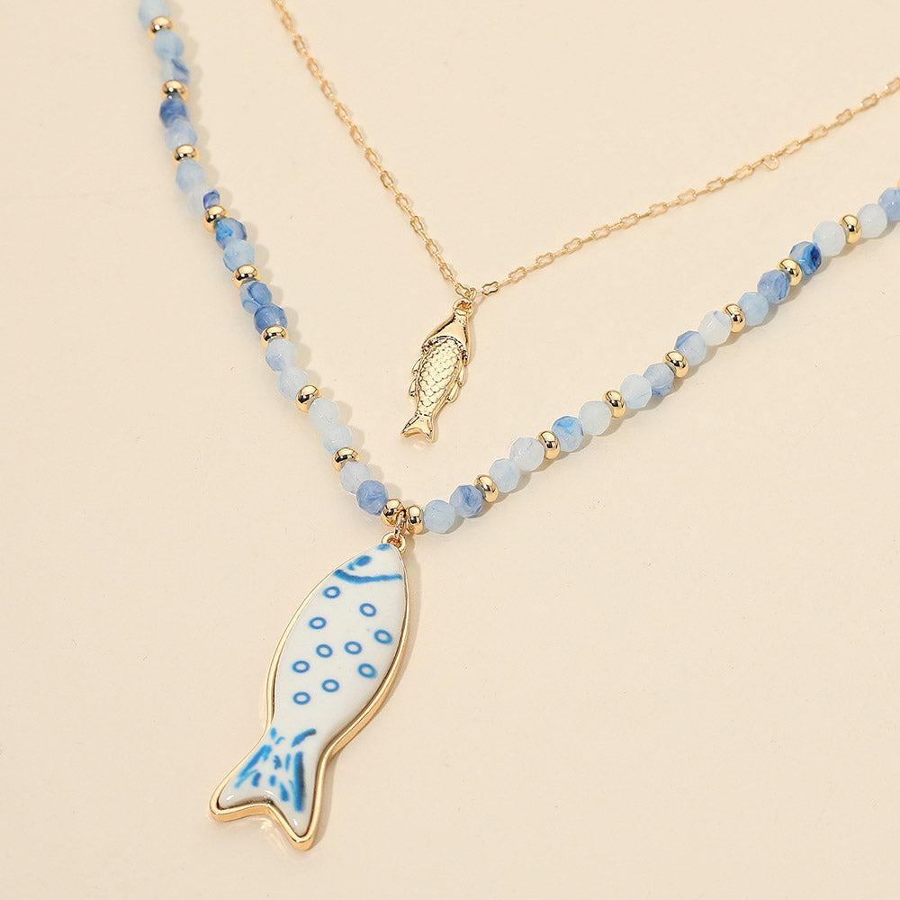 Fish Pendant Accent Beaded Chain Layered Necklace in Blue & Gold