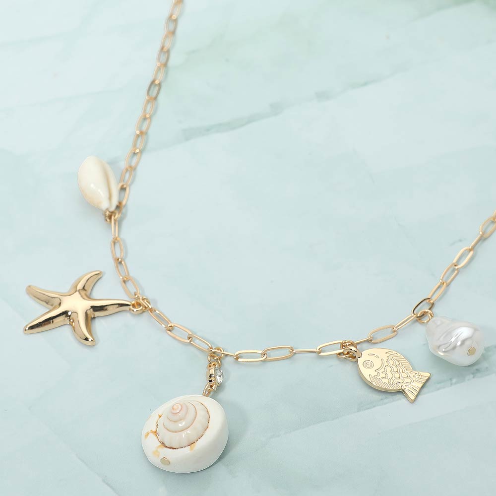 Shell Pearl Fish Starfish Charm Station Paperclip Chain Necklace