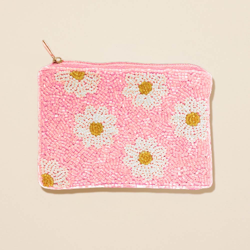 Daisy Pattern Seed Beaded Mini Pouch Bag