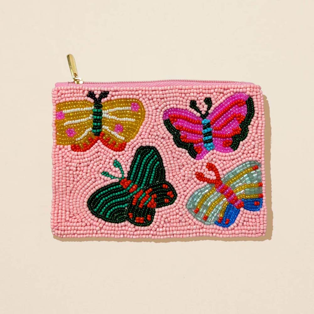 Butterfly Seed Beaded Mini Pouch Bag in Multi & Pink