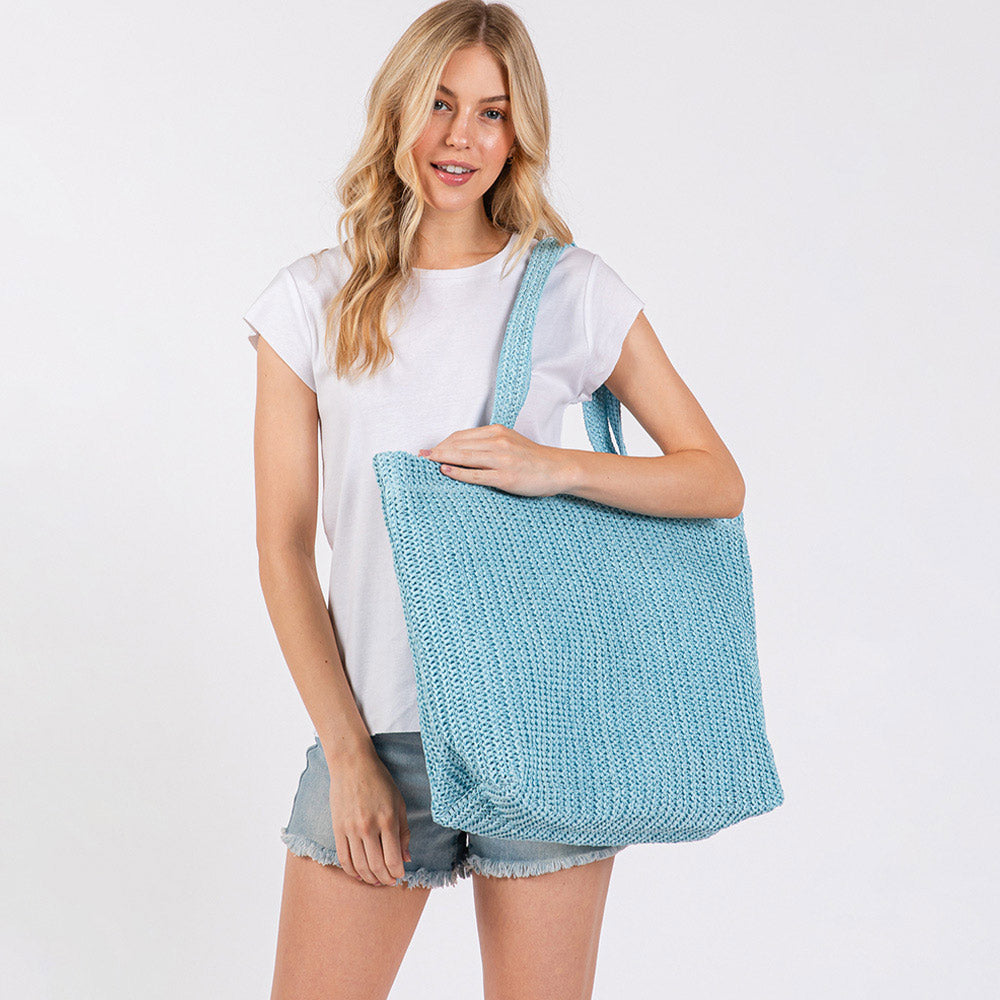 Solid Crochet Straw Tote Bag / Beach Bag in Blue