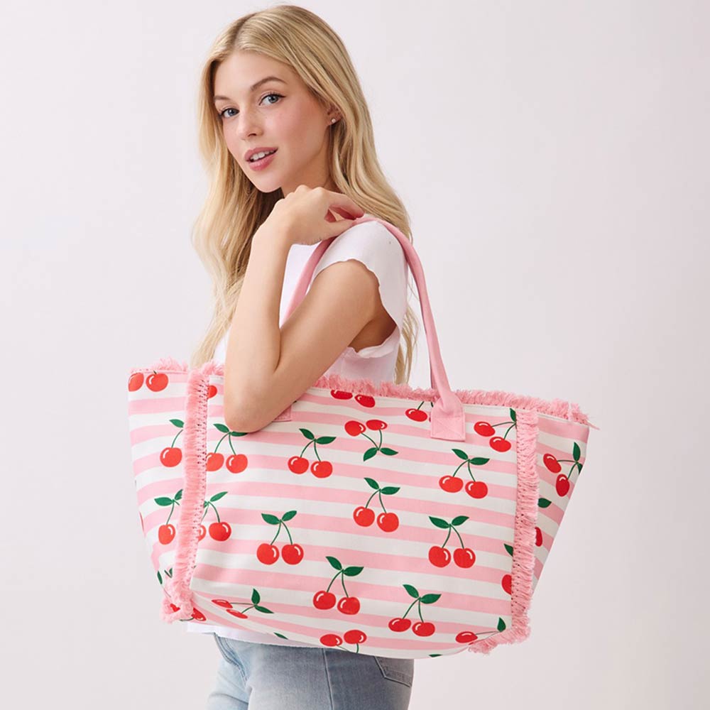 Cherry Pattern Stripe Fringe Trim Shoulder Tote Bag