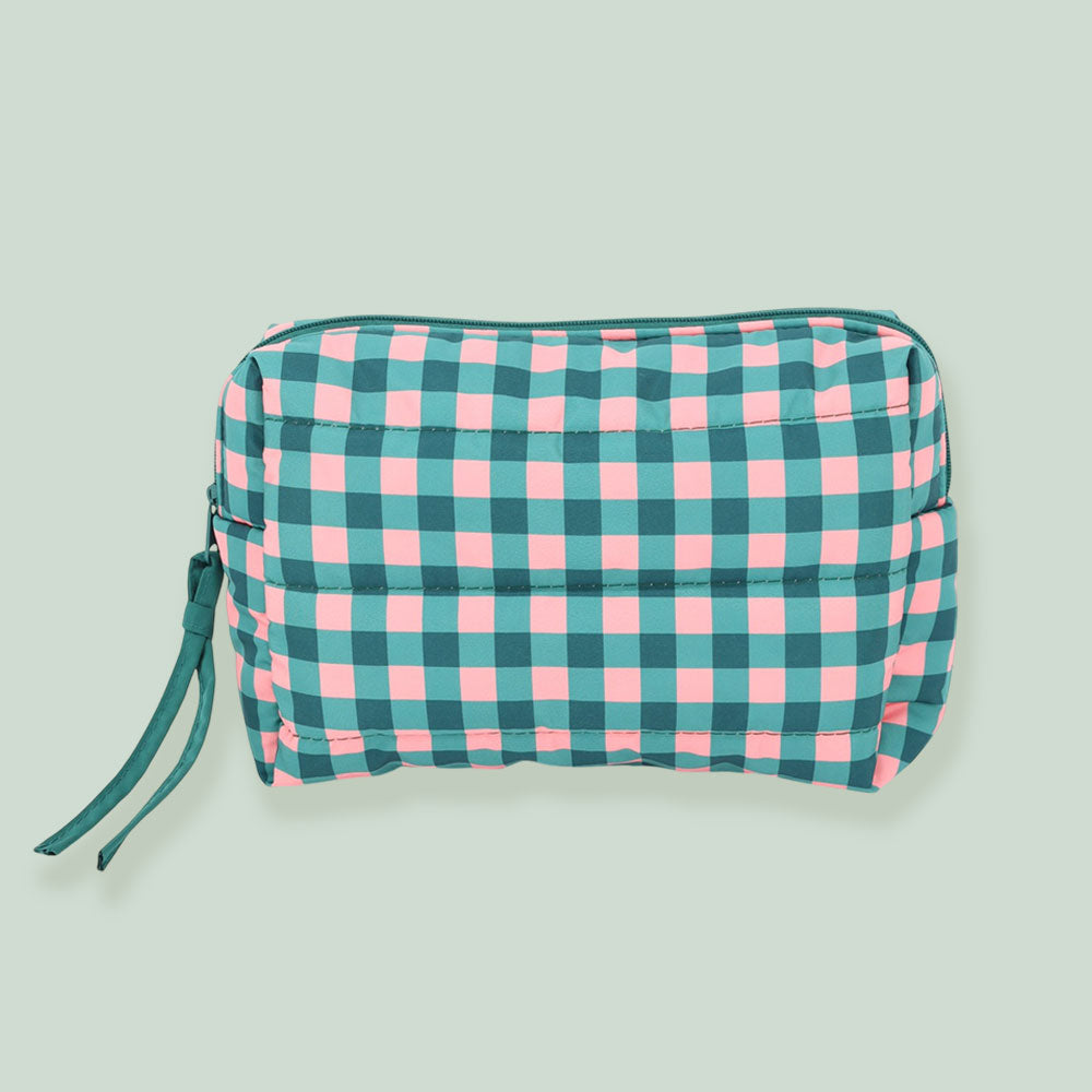 Holiday Checkered Pattern Quilted Cosmetic Pouch Bag in Pink & Green