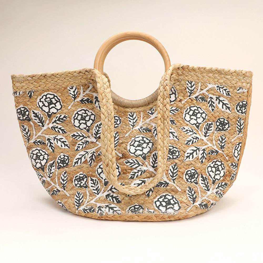 Flower Stem Printed Wooden Round Top Handle Jute Tote Bag