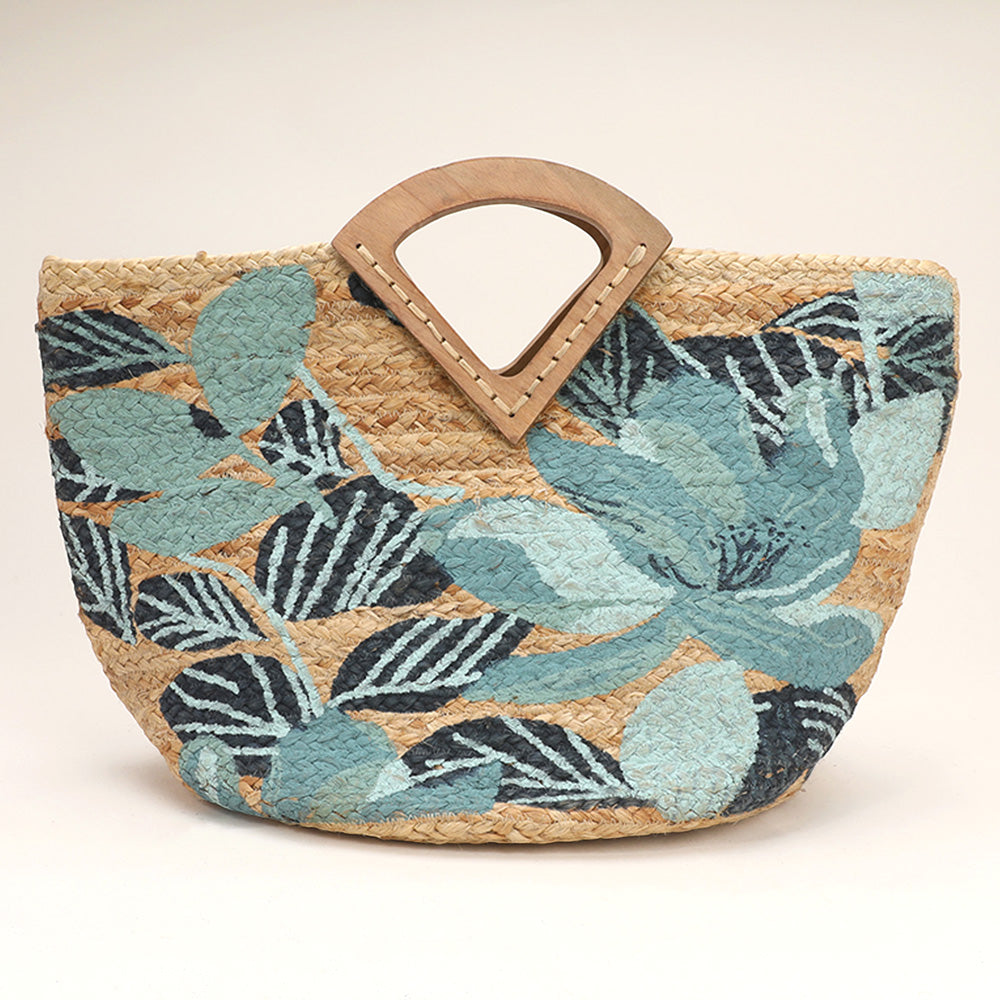 Flower Leaves Pattern Printed Wooden Handle Jute Tote Bag