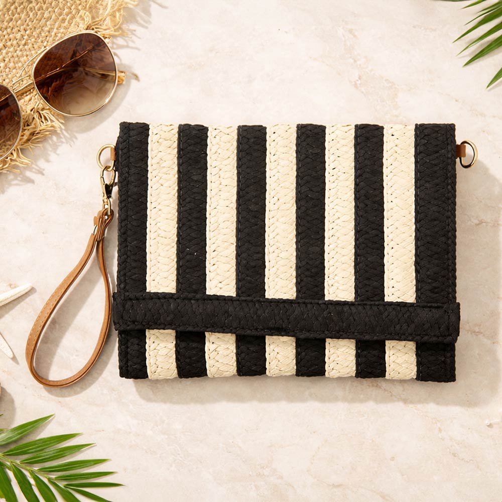 Striped Woven Foldover Wristlet Clutch Crossbody Bag