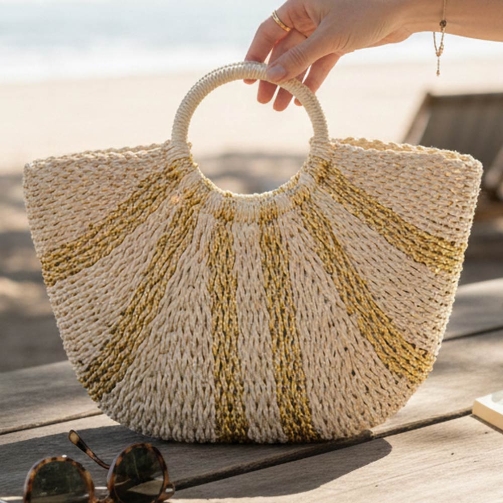 Round Handle Metallic Accent Woven Tote Bag