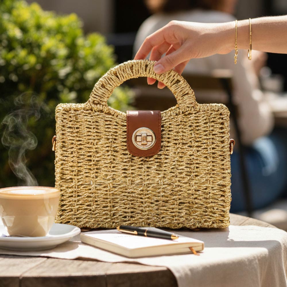 Structured Top Handle Woven Mini Satchel Crossbody Bag
