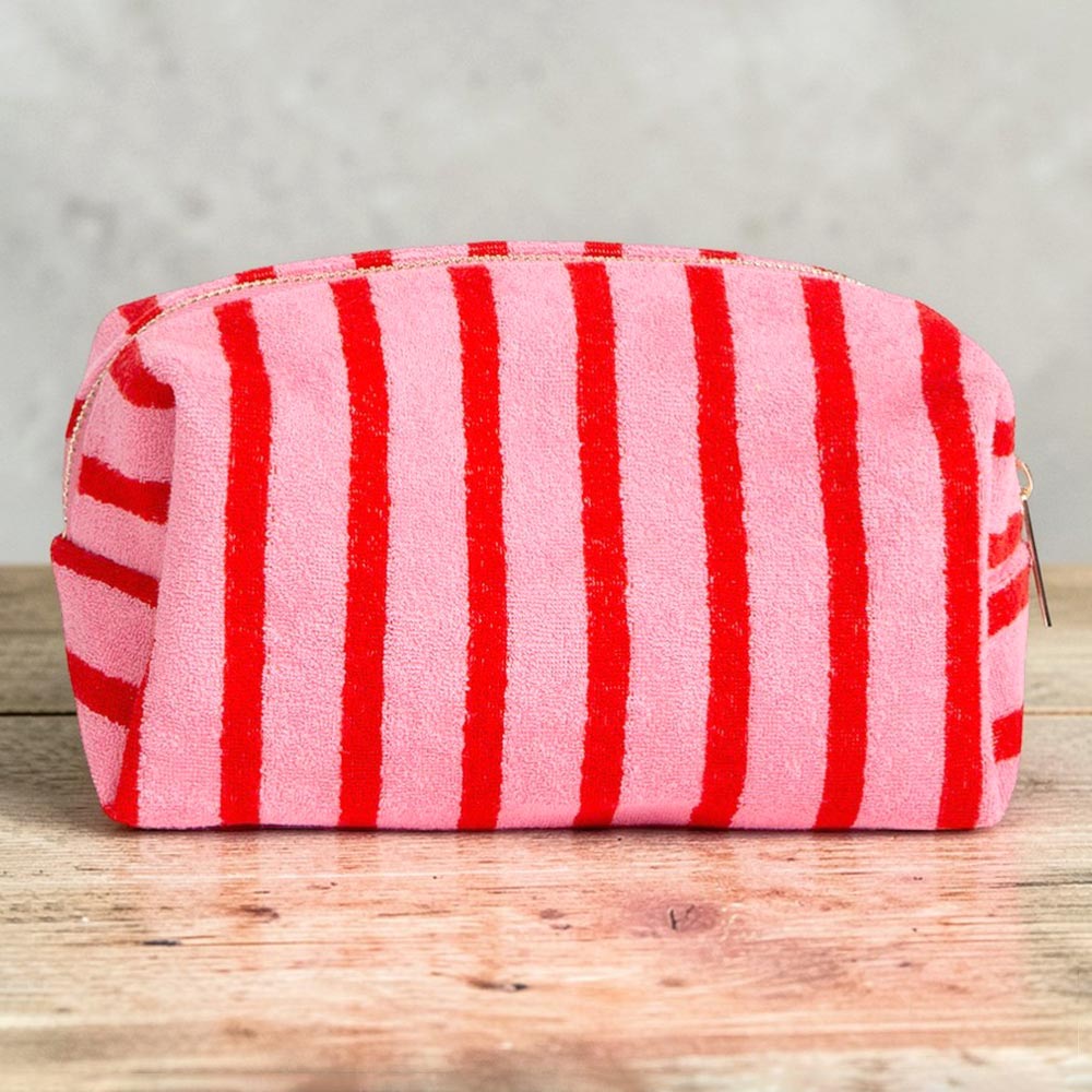 Striped Terry Textured Cosmetic Pouch Bag in Red